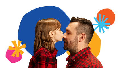 Poster. Contemporary art collage. Cute moment where little girl, daughter kiss her father against...