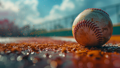Close-up photo capturing the spirit of World Softball Day, featuring a well-worn softball on a muddy field surrounded by droplets and particles, symbolizing the action and energy of the game