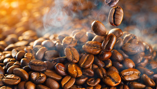 Close up view stock image of fresh roasted coffee beans with smoke and light falling