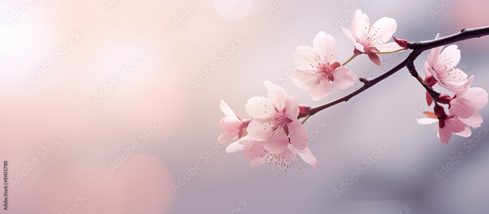 Poster A stunning pink sakura flower representing the arrival of spring set against a natural backdrop with empty space for text or images. with copy space image. Place for adding text or design