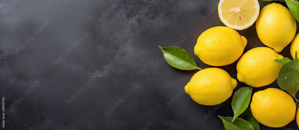 Poster A top down view of fresh lemons resting on a grey background with ample copy space available