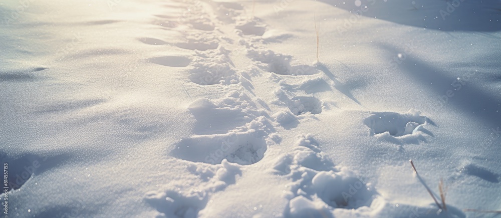 Poster A close up image of sunlight shining on snowy footprints with room for additional content