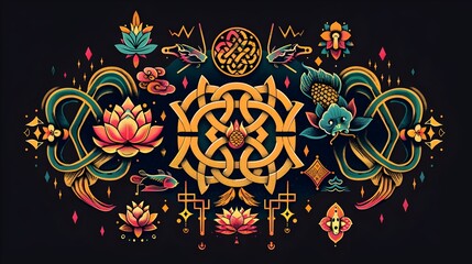 Creative Interpretation of the Eight Auspicious Symbols in Synthwave Style