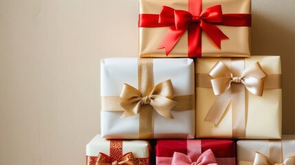 A stack of red gift boxes with gold bows and ribbon