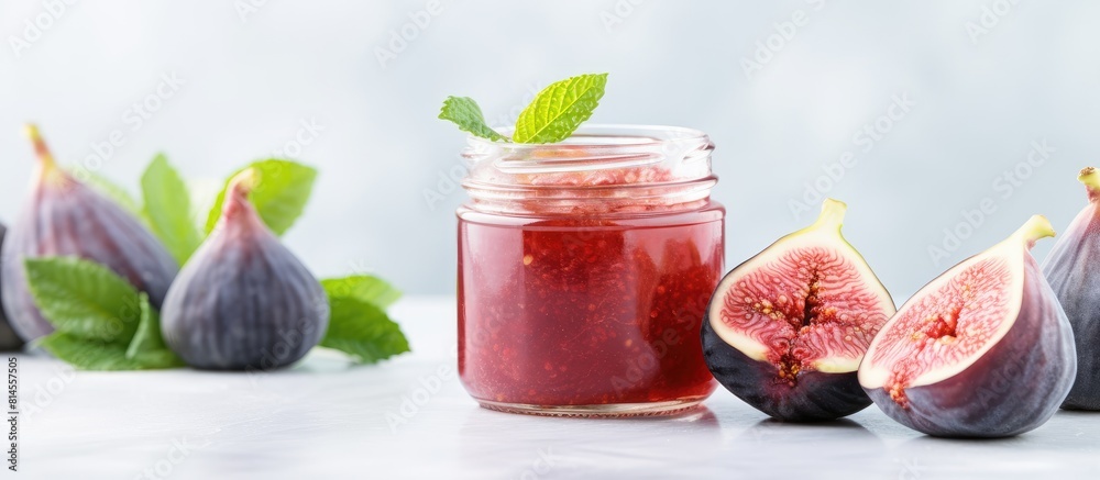 Poster A delicious jar of sweet jam and fresh figs beautifully arranged on a white marble table Perfect for a flat lay photograph with space for text. with copy space image. Place for adding text or design