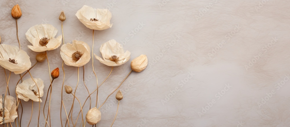 Aufkleber An overhead shot of dry poppy heads resting on a marble background with ample copy space