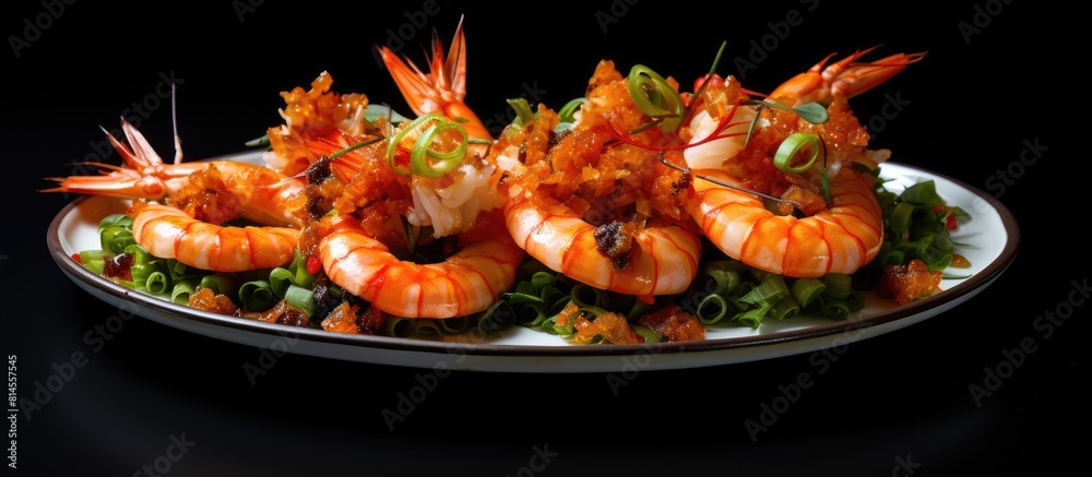 Aufkleber copy space image of a plate adorned with succulent and vibrant shrimp set against a subtle grey back