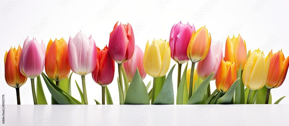 Poster Isolated tulip flowers on a white background create a copy space image perfect for adding your own text