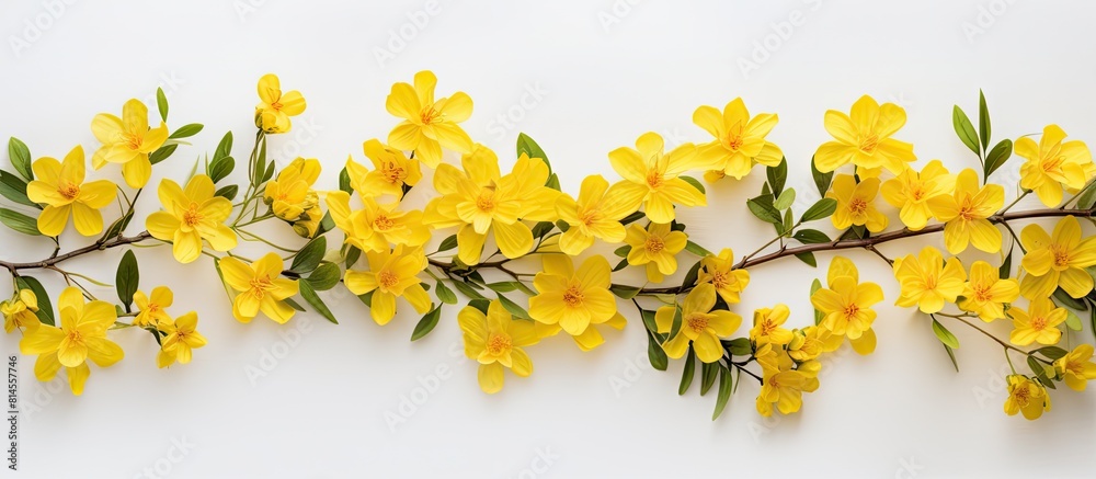 Poster a copy space image featuring yellow flowers arranged as a backdrop on a white surface