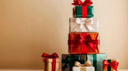 A stack of red gift boxes with gold bows and ribbon