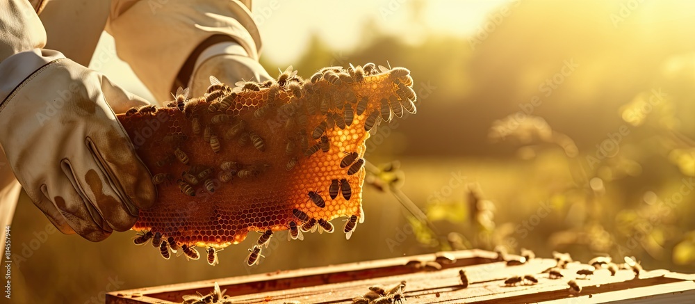 Aufkleber beekeeper collecting honey as part of the beekeeping concept copy space image