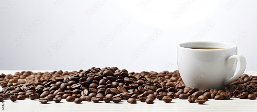 Poster Coffee beans neatly fill a white cup creating an aesthetically pleasing image with ample space for customization