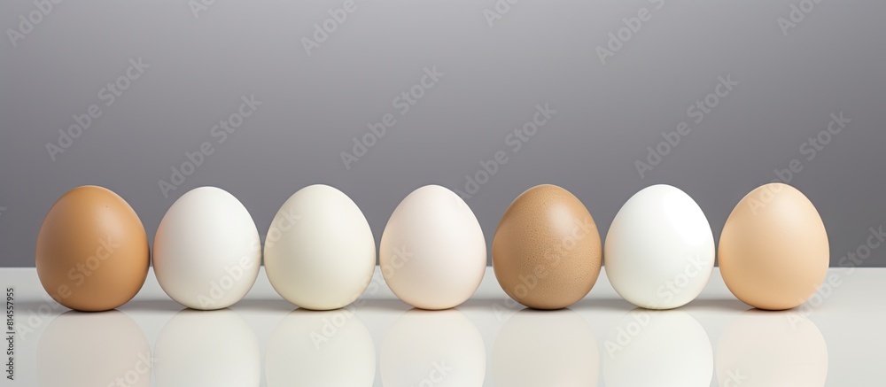 Poster a copy space image of chicken eggs white in color against a gray backdrop