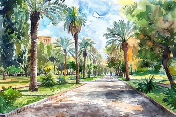 Fototapeta premium Street scene with palm trees, suitable for travel and nature themes