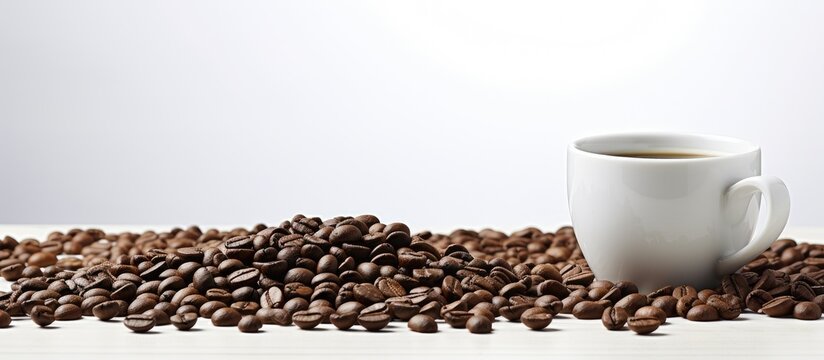 Coffee beans neatly fill a white cup creating an aesthetically pleasing image with ample space for customization