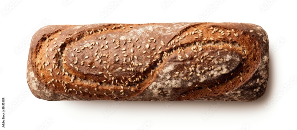 Aufkleber a top view image of a rye dark bread loaf with grain and sunflower seeds isolated on a white backgro