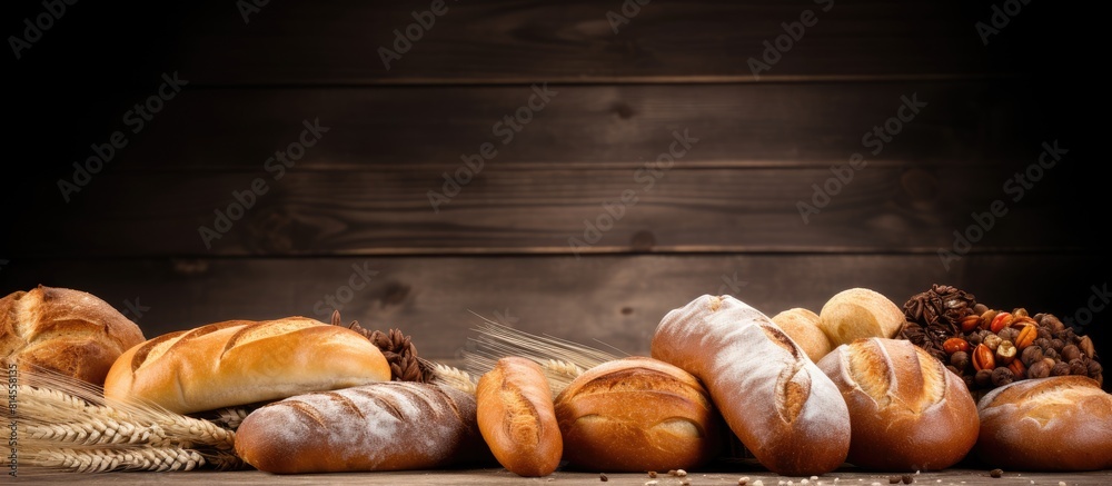 Poster Wooden background with various types of bread and ample copy space image