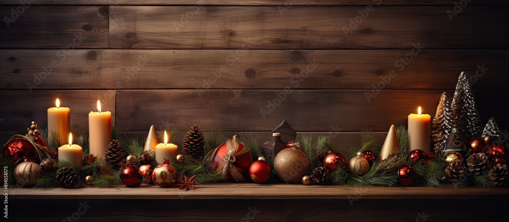 Poster a fireplace creates a warm backdrop for a wooden table adorned with christmas ornaments the image le