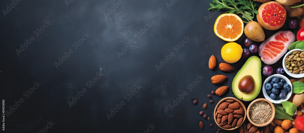 Poster Copy space image of trendy Alkaline diet products such as fruits vegetables cereals nuts and oils set against a dark blue concrete background create a healthy food background