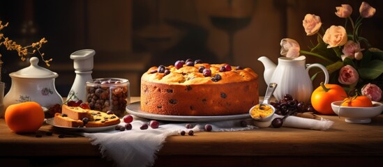 In the kitchen there is a table showcasing a delicious Easter cake adorned with dried fruits...