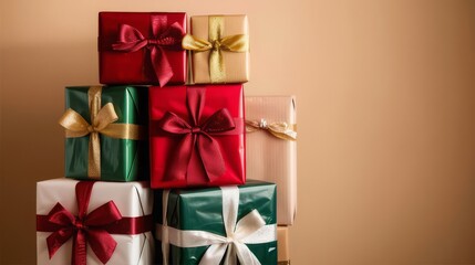 A stack of red gift boxes with gold bows and ribbon