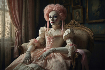 Obraz premium portrait of an 18th century talking doll puppet with a Caucasian appearance sitting on a sofa, dressed in an ivory-coloured dress of ancient handmade craftsmanship rich in lace and pink ribbons