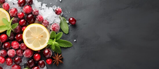 Top view close up of a gray background with a copy space image featuring a selection of healthy foods including frozen cranberries ginger root lemon and mint all known for their immunity boosting pro - Powered by Adobe