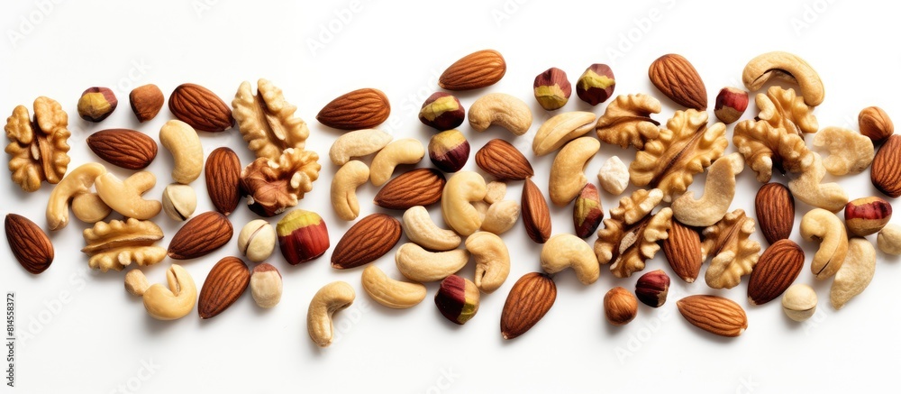 Poster A top down view of mixed nuts placed on a plain white background with ample copy space for additional content