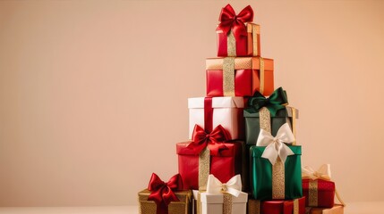 A stack of red gift boxes with gold bows and ribbon