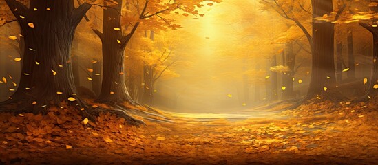 During the autumn season vibrant golden leaves elegantly cascade from the trees forming a captivating natural artwork The luxuriously designed depicted scene captures the essence of autumn offering a