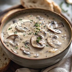 Spicy cream mushroom soup in a bowl with dill, crusty bread, closeup