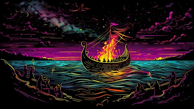 Ethereal Viking Funeral Pyre Ablaze on the Midnight Sea