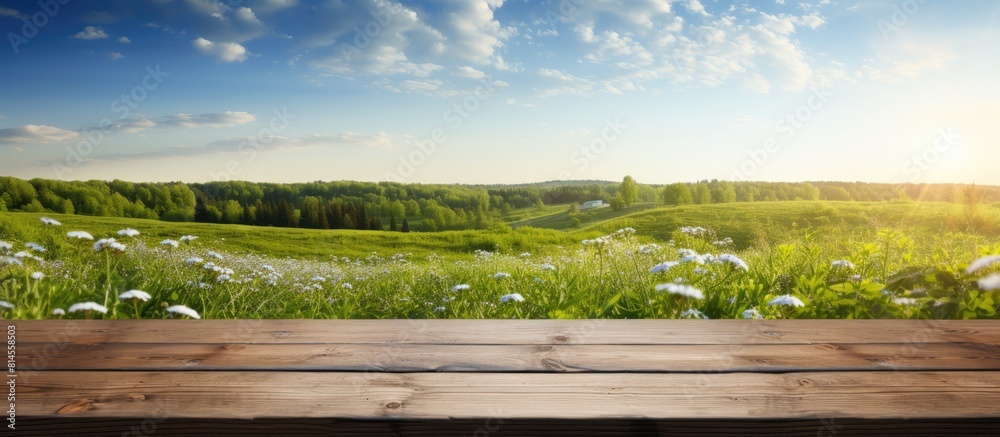 Poster a springtime panorama of a sun filled landscape with a wooden table in the foreground providing ampl