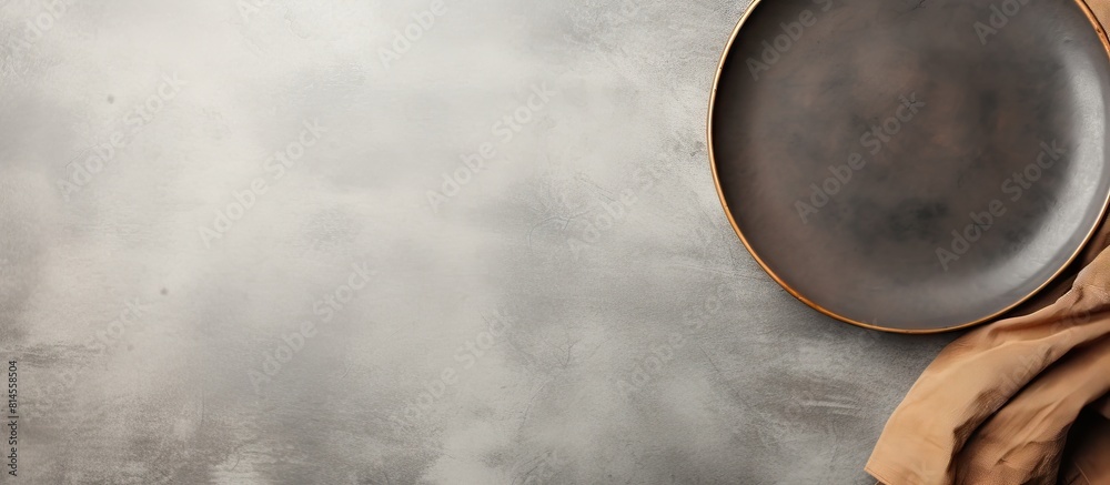 Aufkleber Top view of a vintage ceramic plate cutlery and napkin placed on a stone gray background creating an empty space for adding images or text. with copy space image. Place for adding text or design