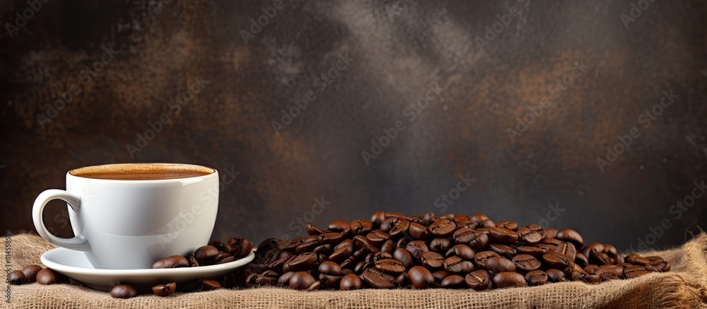 Poster An old background with coffee beans serves as the backdrop for a cup of coffee The image has ample copy space