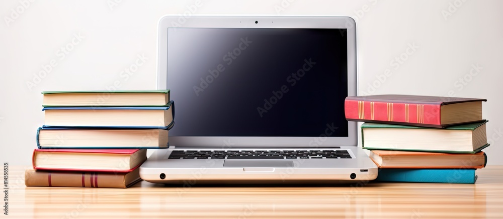 Aufkleber A laptop and a stack of books isolated on a white background create an educational concept with copy space for additional content