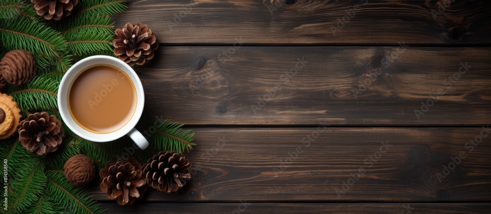 Poster a christmas themed composition featuring spruce branches pinecones a cup of coffee with cookies on a