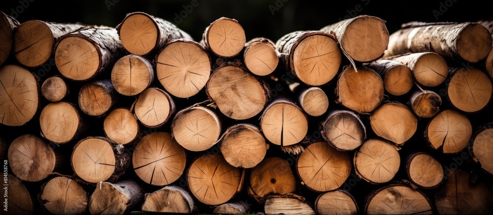 Poster A close up image of a stack of wooden logs with empty space surrounding the woodpile. with copy space image. Place for adding text or design