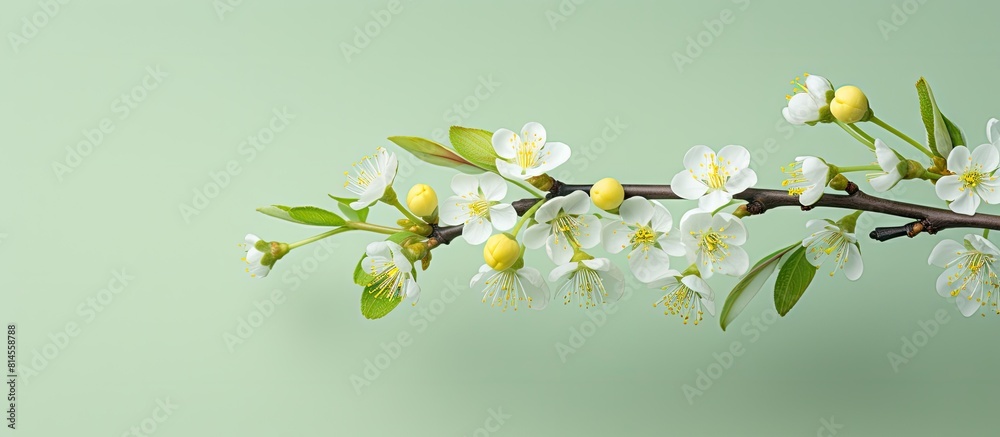 Poster Top view of a cherry blossom branch with yellow pearls on a light green painted background with ample copy space image