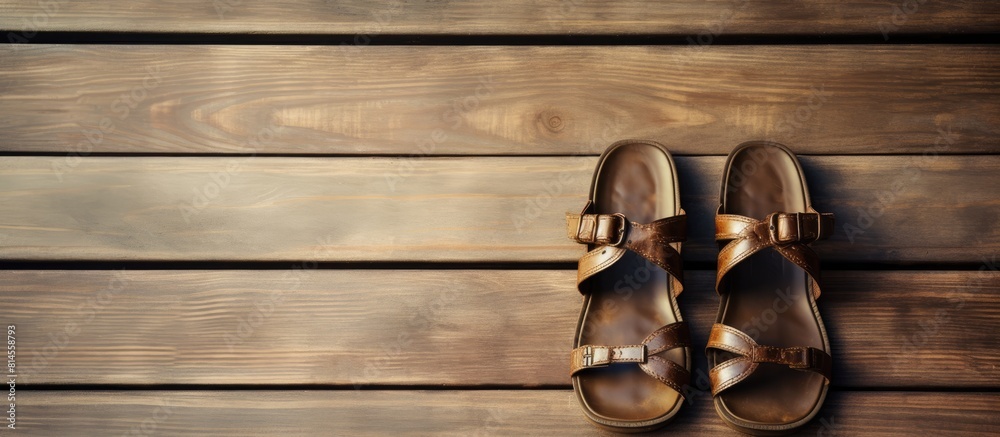 Poster A copy space image featuring sandals resting on a rustic wooden floor