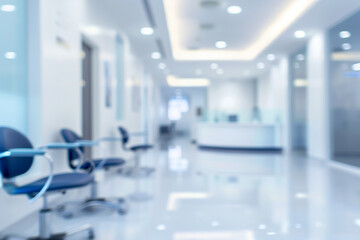 abstract blurred background of a clinic medical office interior, providing ample copy space for text or graphics. The sleek and modern design elements create a visually appealing b