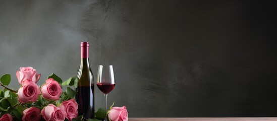 A copy space image of red wine and pink roses arranged on a countertop