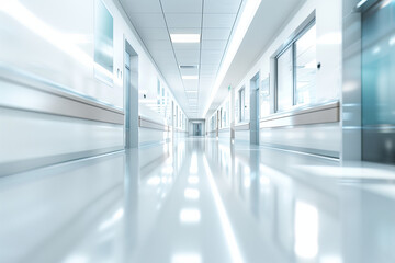 Naklejka premium backdrop of an empty sleek corridor in a modern hospital, tranquility and efficiency in healthcare environments. The abstract blur adds depth to the photo, ideal for promotional ma