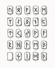 Large set of runic stones. Ancient Scandinavian alphabet carved on stones. Ancient mystical and sacred symbols of the Germanic peoples. Vector isolated illustration.