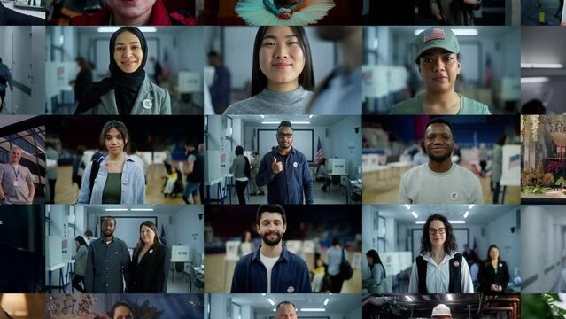 Zoom out of African American man becomes part of multiethnic American people group with diverse gender, ethnicity, occupation. Social video for USA Presidential Election. Edited collage of portraits.