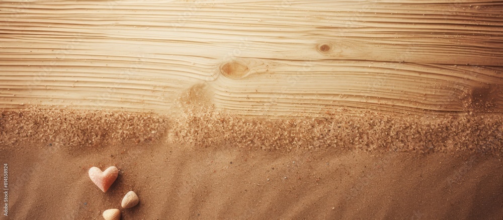 Aufkleber a romantic valentines day background with love written in sand in front of a wooden backdrop perfect