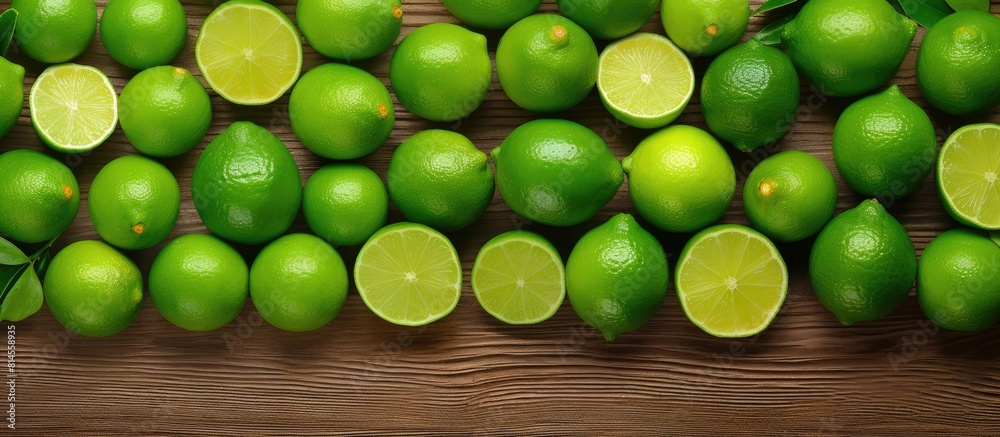 Poster a top view of fresh ripe green limes arranged on a wooden background provides a captivating copy spa