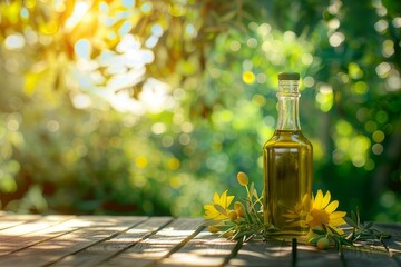 olive oil bottle on a sunny outdoor table