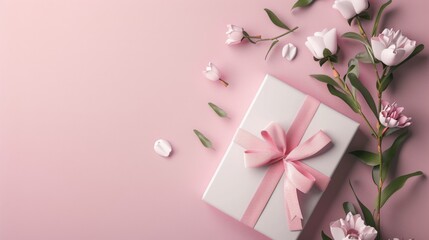 A delicate gift box is beautifully decorated with pink flowers on a pink background