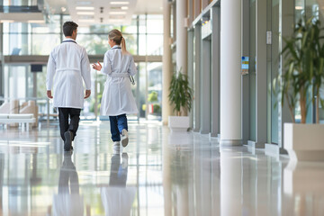 rear view of two doctors walking through a modern, sleek clinic hospital, engaged in conversation. full height perspective convey a sense of professionalism and teamwork, concept o